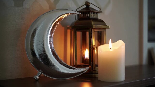 Decorations for the holy month of Ramadan (lantern, crescent moon Hilal, and candles), the month of fasting and worship for Muslims - Ramadan pattern, Ramadan background, Ramadan vibes, 