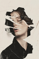 faceless female portrait collage, woman without eyes, identity concept, torn magazine cut-out, rough paper texture, modern femininity art, minimalist editorial poster, emotional but calm mood, contemp