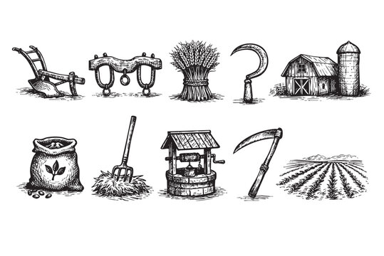 A comprehensive collection of hand-drawn vintage farm tools and agricultural elements in black and white, depicting rustic farming life and harvest traditions.