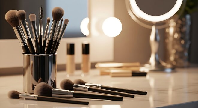 High-quality makeup brushes in a luxurious setting with a vanity table and illuminated mirror creating a professional beauty atmosphere.