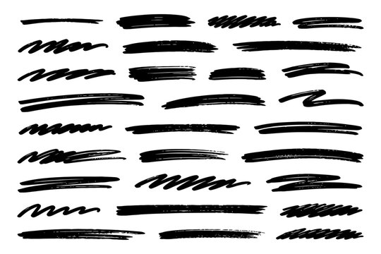 Black brush stroke set with diverse streak patterns on white background.