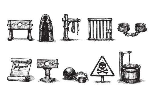 A collection of medieval punishment devices is showcased including a pillory, cage, gallows, scroll of judgment, death symbol and water well on a white background.