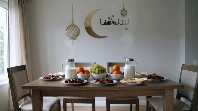 The Iftar meal during the holy month of Ramadan (drinks, dates, and milk) Ramadan vibes in Islam (iftar table, iftar time, Ramadan pattern, Ramadan background)