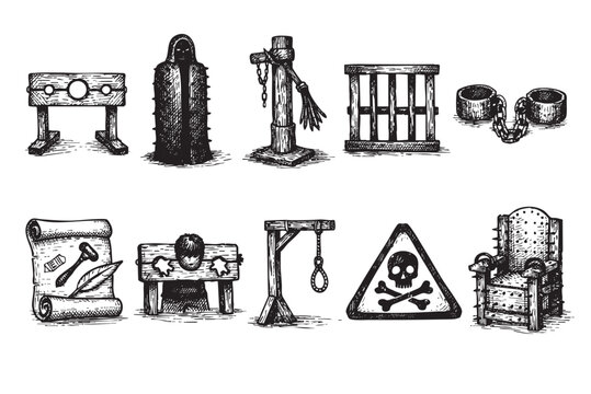 Hand-drawn vector illustration set of medieval torture devices and historical punishment tools like stocks, gallows, iron maiden, and more, in a vintage sketch style, for historical or dark themes.