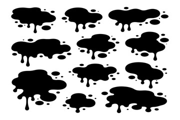 Set of black ink splatter blots on white background.
