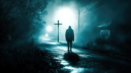 Silhouette walks towards illuminated cross