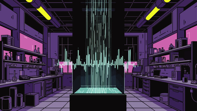 Retro-futuristic laboratory with glowing data stream, digital experiment, and scientific equipment. Visualizing advanced technology and innovation.