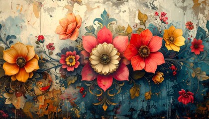 Ornate floral arrangement on textured background. Rich colors, artistic details, elegant swirls