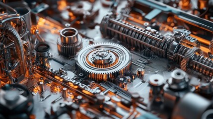 Metallic gears and machine components close up