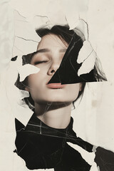 faceless female portrait collage, woman without eyes, identity concept, torn magazine cut-out, rough paper texture, modern femininity art, minimalist editorial poster, emotional but calm mood, contemp