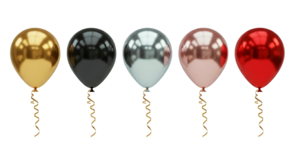 A collection of metallic balloons in various colors for a festive celebration isolated on transparent background