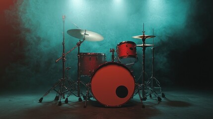 Drum set illuminated in a smoky room