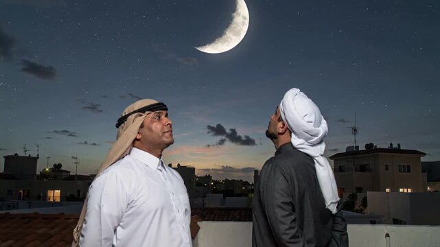 Muslim men observing the Ramadan crescent - Hilal (men looking at the moon in the sky)  Ramadan pattern, Ramadan background, Ramadan vibes, 