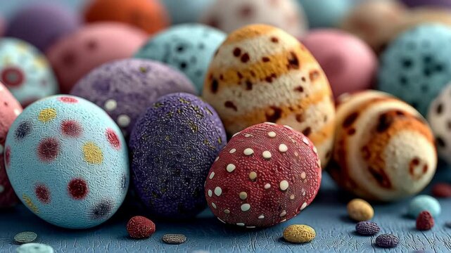 A vibrant collection of easter eggs in varying colors and speckled designs, arranged on a textured surface. their diverse patterns and hues create a festive atmosphere, ideal for springtime celebratio