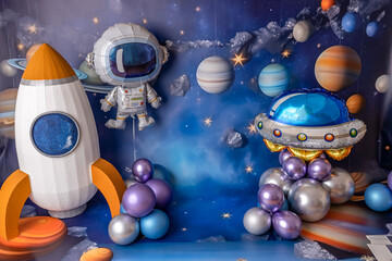 Outer space themed backdrop with toy rocket, astronaut balloon, UFO, and planets. Science fiction birthday party decoration for kid. © яна винникова