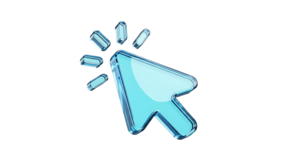 A light blue glass 3d mouse cursor icon with a clicking effect isolated on a black background isolated on transparent background