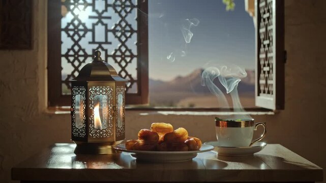 The Iftar meal during the holy month of Ramadan (tea, dates, and Ramadan lantern) Ramadan vibes in Islam (iftar table, iftar time, Ramadan pattern, Ramadan background)