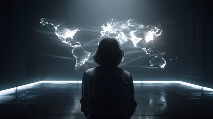 Woman observing global network data projection on wall