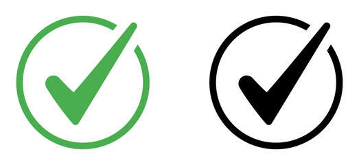 Checkmark icon. Circle tick approved symbol with black and green color