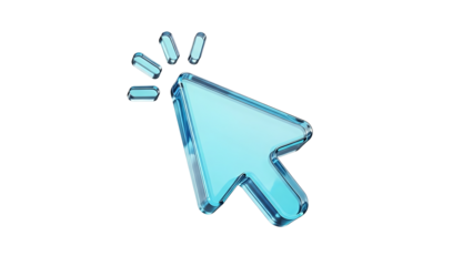 A stylized 3d rendered translucent blue glass mouse cursor pointer icon indicating a click isolated on transparent background