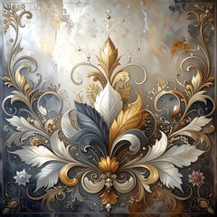Ornate floral arrangement swirling leaves in white, blue, and gold against a textured grey and gold backdrop