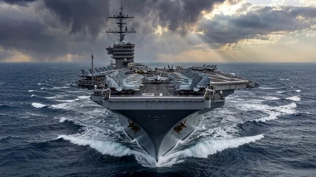 Large naval aircraft carrier moves through ocean waters under cloudy sky with jets lined up on deck