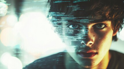 Man with digital data overlay