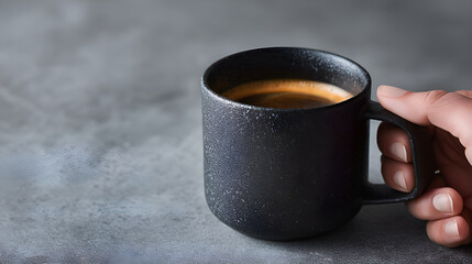 Hand holding black textured coffee mug with espresso