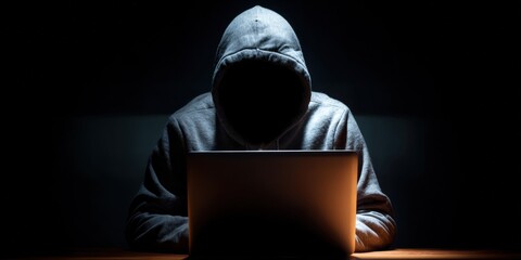 Anonymous hacker in hooded sweatshirt using laptop in dark room, cybersecurity and digital threat concept, cybercrime and data privacy breach