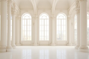 Naklejka premium Empty classical room featuring ornate columns, arched windows, and white marble flooring