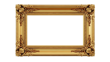 A luxurious gold baroque style frame with ornate carving on a transparent background isolated on transparent background