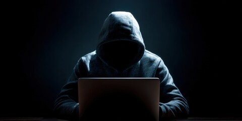 Anonymous hacker in hooded sweatshirt using laptop in dark room, cybersecurity and digital threat concept, cybercrime and data privacy breach
