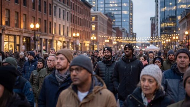 People gathered in an urban area during evening hours for an event under string lights