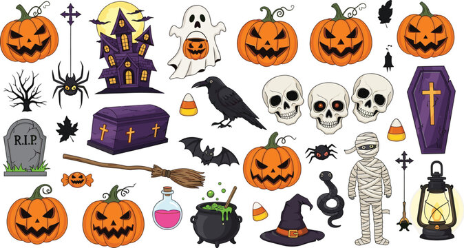 Halloween theme, jack-o'-lanterns, ghost, mummy, skulls, haunted house, bats, candy, cauldron, spooky icons - flat vector illustration