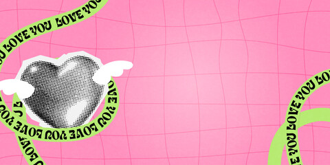 Obraz premium valentine day halftone collage banner. background with retro cut out paper elements in y2k style. heart, cupid, angel, love, ripped sticker in vector dotted effect