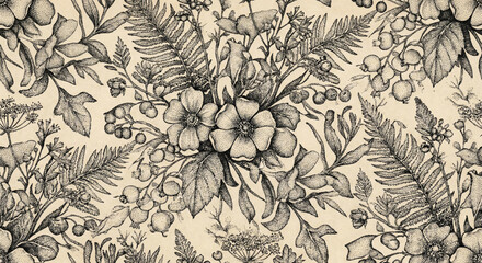 Seamless vintage botanical pattern in black ink stipple art style. Intricate hand-drawn wildflowers, ferns, and berries on an aged parchment background for rustic and classic surface design.