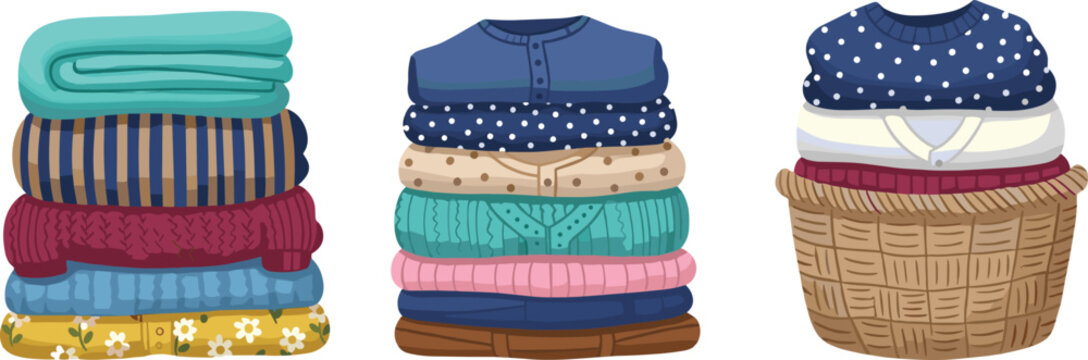 Folded clothes, sweaters, shirts, blanket, towel, basket, organized stacks, laundry, storage, wardrobe arrangement - flat vector illustration