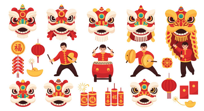 Chinese New Year Lion Dance and Festival Element Set with Drummers and Decorations