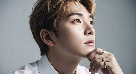 Close-up portrait of a thoughtful young Asian man with stylish hair and rings, soft lighting and grey background