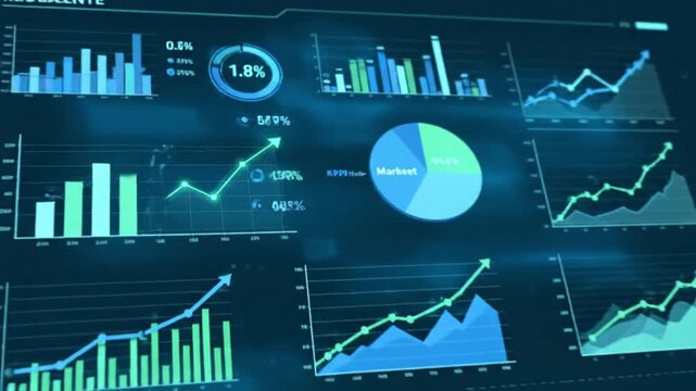 colorful business data analytics dashboard with various charts and graphs for corporate finance and marketing strategy presentation