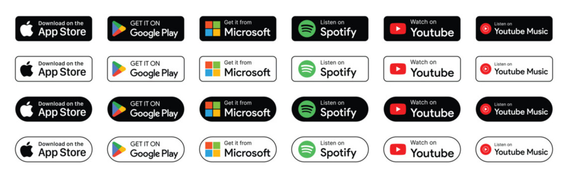 App Store Google Play and Microsoft Store download buttons label design vector collection