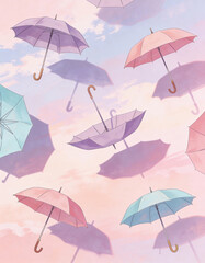 Floating Umbrellas Casting Shadows Upward Instead of Down, Surreal Playful Physics Concept, Pastel Sky Background, Dreamlike Imaginative Visual with Whimsical Abstract Storytelling