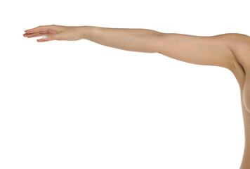 Fototapeta premium Studio shot of a woman’s arm extended forward in a front view of her torso on a white background.