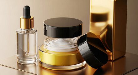 Luxury gold and glass skincare products, serum bottle and cream jar with black lids on a reflective surface