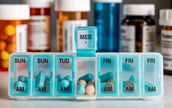 Daily Medication Pill Box Organizer with Pills and Medication Bottles in the Background