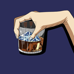 ウイスキーの入ったグラスを持った手のイラスト