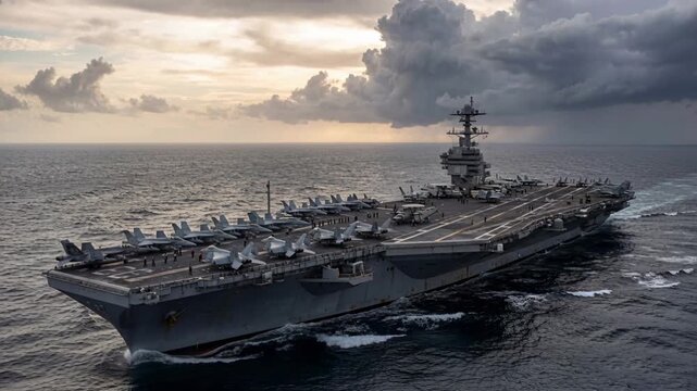 Naval aircraft carrier sails through ocean under cloudy sky during sunset hours