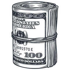 A roll of one hundred US dollar bills bound by a rubber band. Vector illustration in a vintage, hand-drawn engraving style. Isolated on a white background.