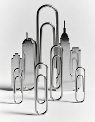 Giant Paper Clips Arranged to Form a City Skyline, Creative Office Humor Concept, Minimal Studio Lighting, Playful Corporate Storytelling and Modern Conceptual Visual Composition