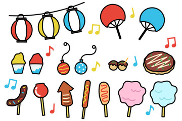 カラフルな手描き風の夏祭りイラストセット